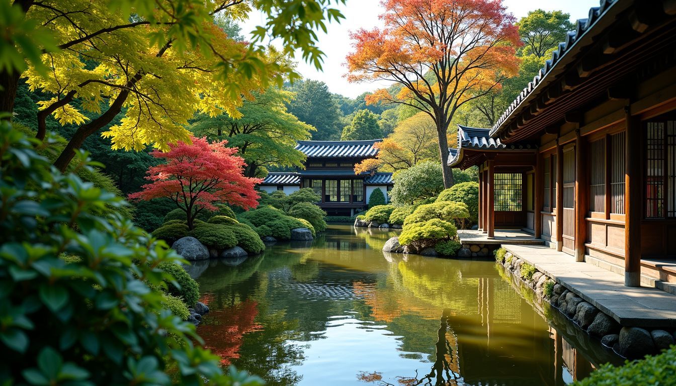 A serene Japanese garden in Kyoto with vibrant foliage and traditional architecture.