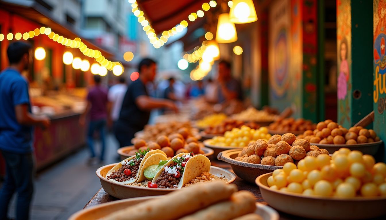 A lively street scene in Coyoacán with various Mexican street foods.