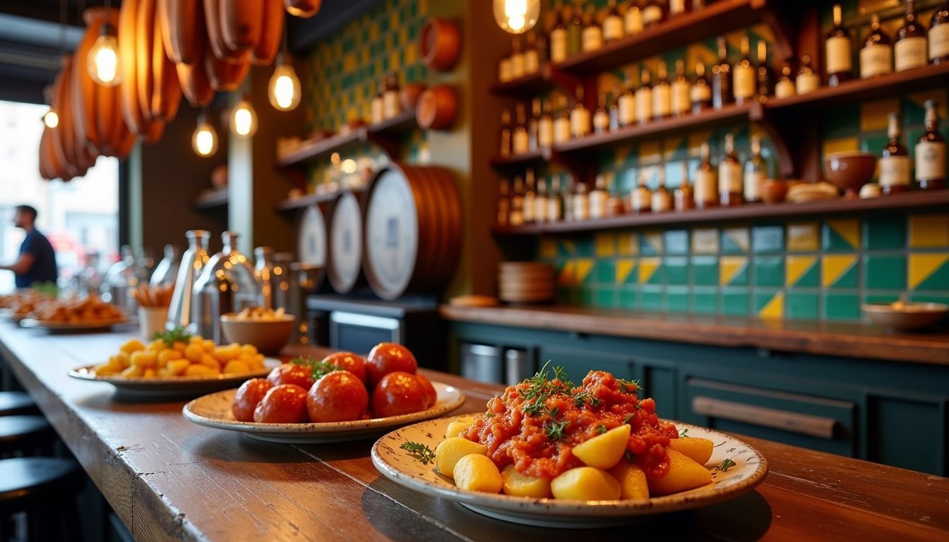 A traditional tapas bar in Barcelona with colorful tiled walls.