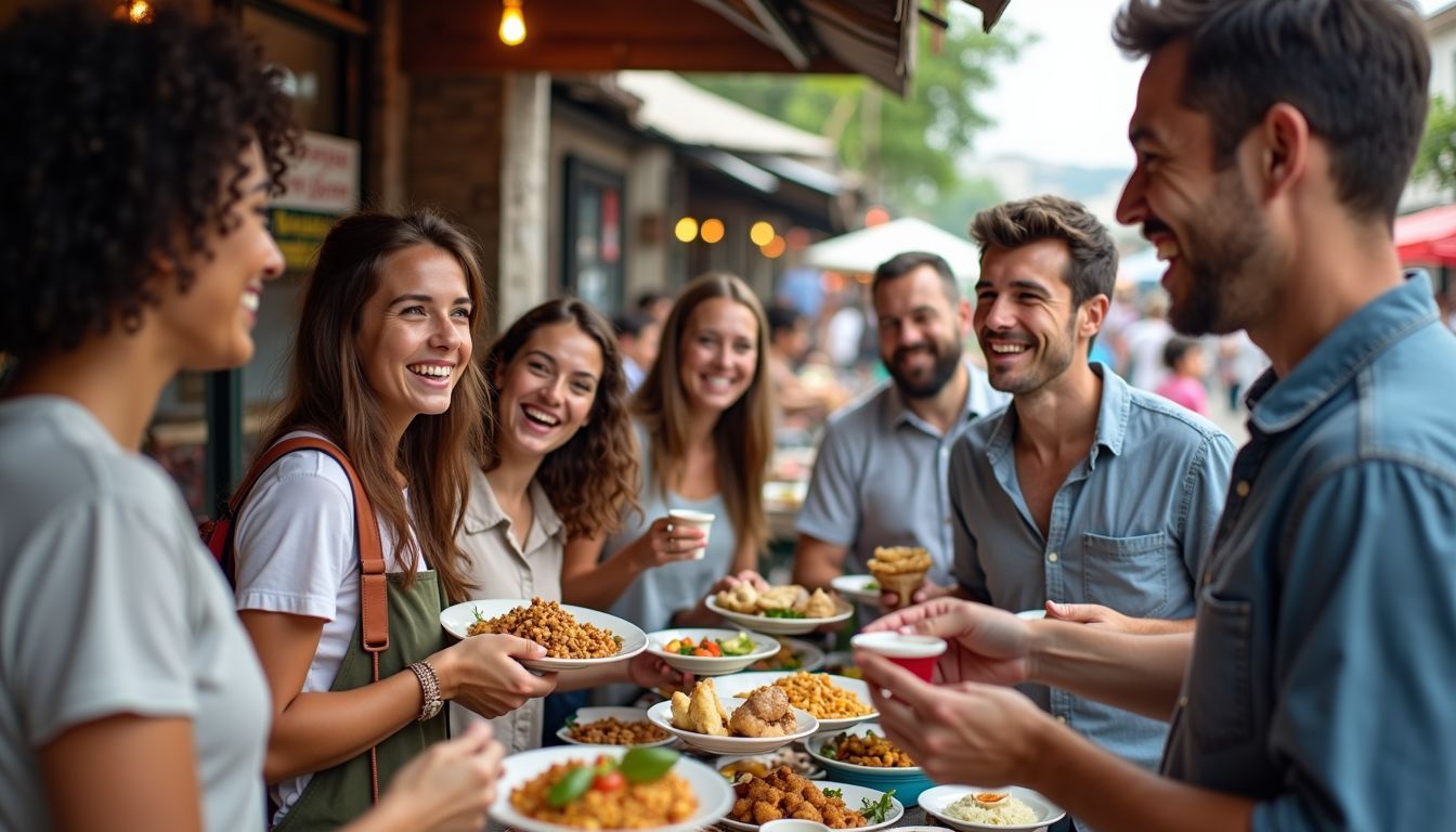 A group of travelers enjoy traditional street food at a busy market.