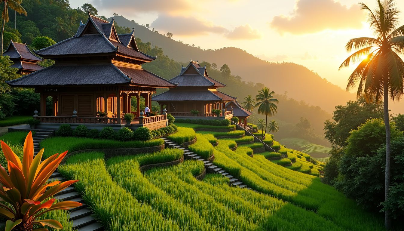 The image depicts a traditional village surrounded by lush greenery.