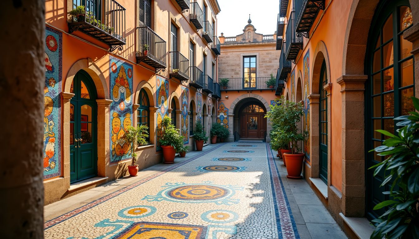 A vibrant mosaic art display in a traditional Spanish courtyard.