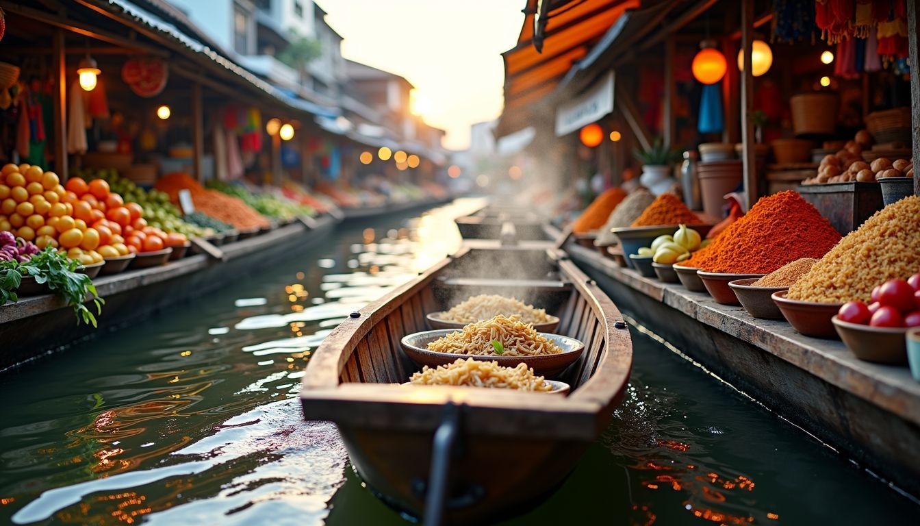 A wooden boat floats through Damnoen Saduak Floating Market, showcasing vibrant produce.