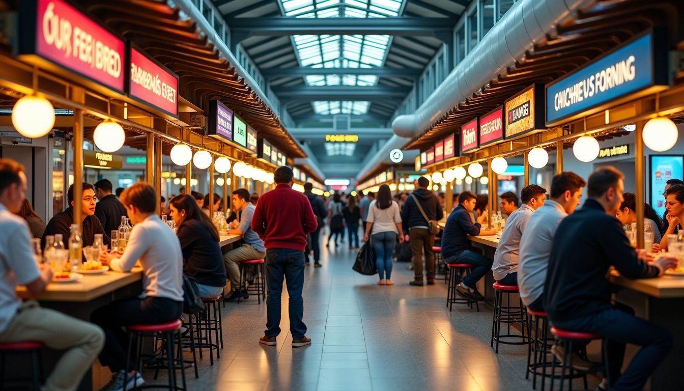 A bustling airport food court with diverse international cuisines.