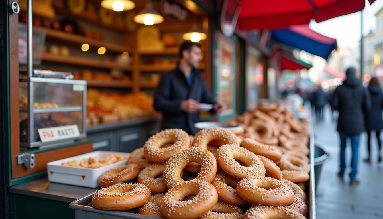 A street vendor in Istanbul sells fresh Simit sesame bagels.