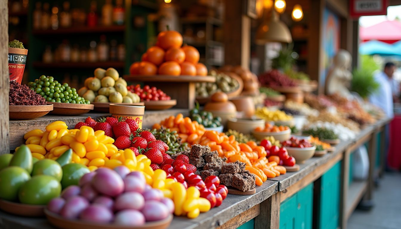 An assortment of gourmet foods and exotic ingredients on display at a lively market.