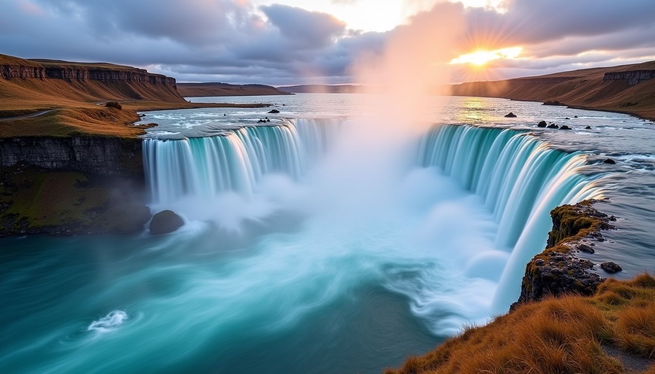 A serene photo of Gullfoss waterfall and geysers in Iceland.