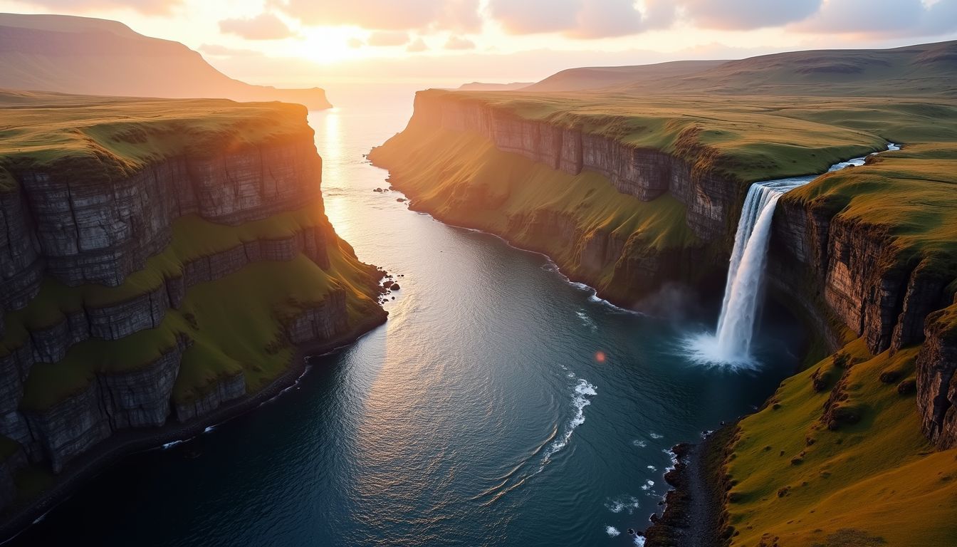 Beautiful aerial view of rugged Westfjords landscape with waterfalls and cliffs.