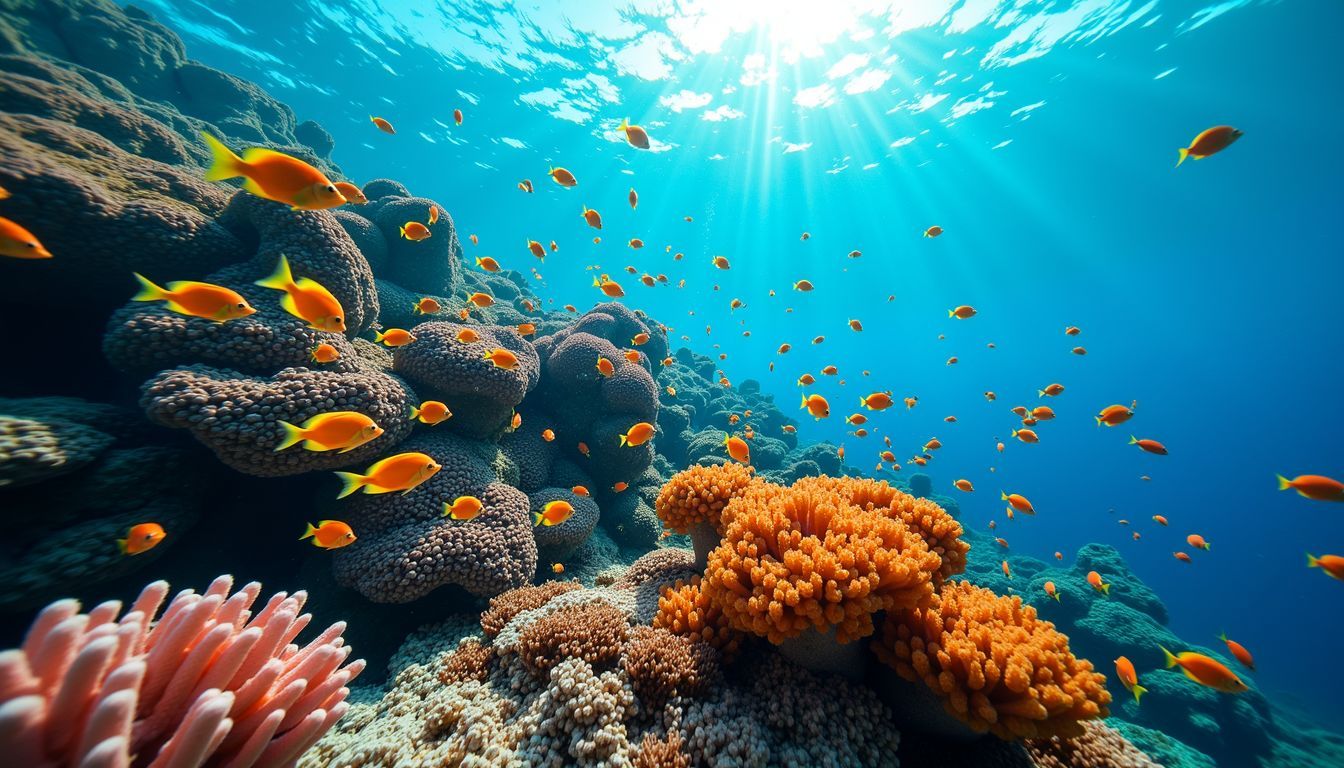 A vibrant coral reef teeming with colorful fish and diverse sea life.