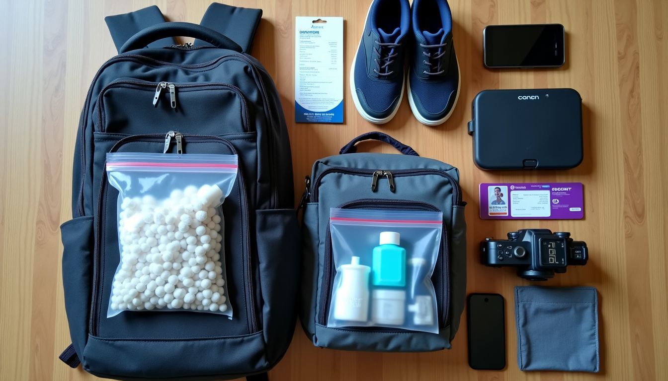 Neatly arranged travel bag setup next to airport security checkpoint.