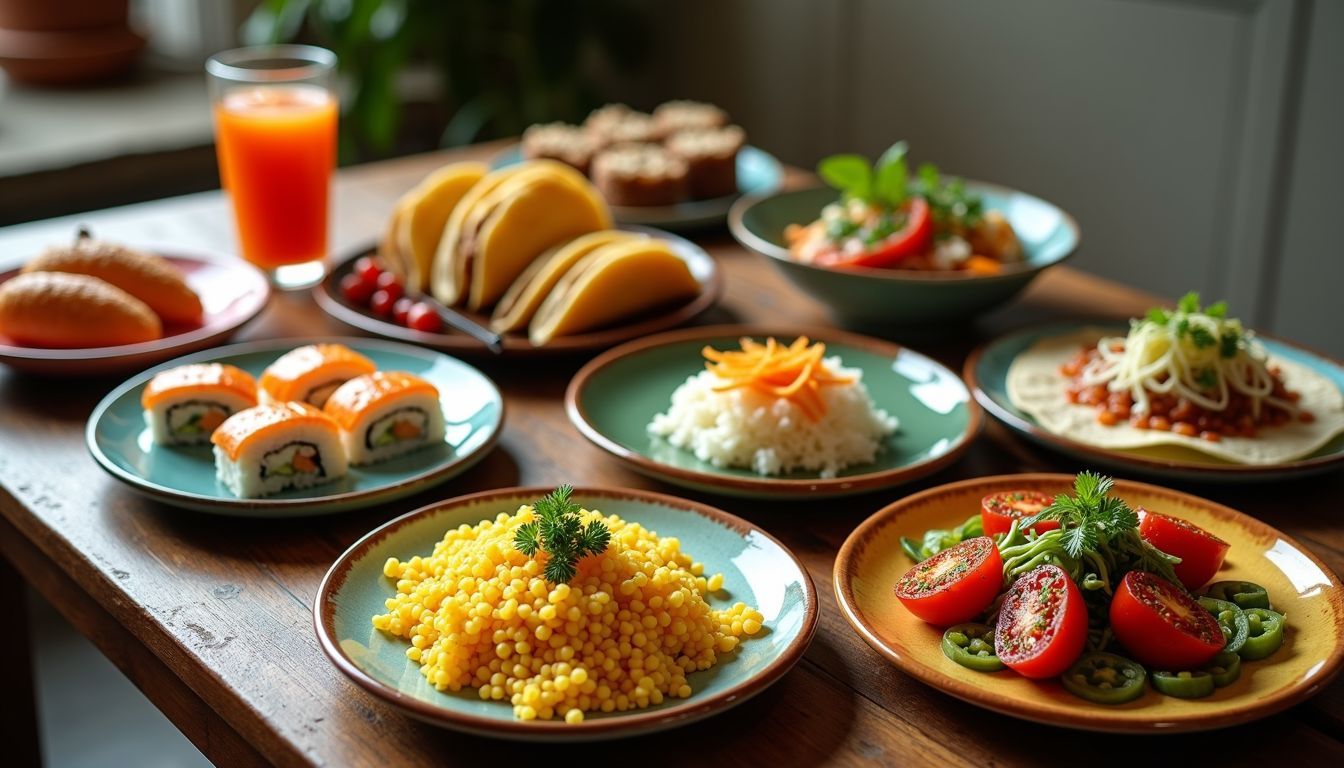 A rustic dining table with a variety of international cuisine plates.