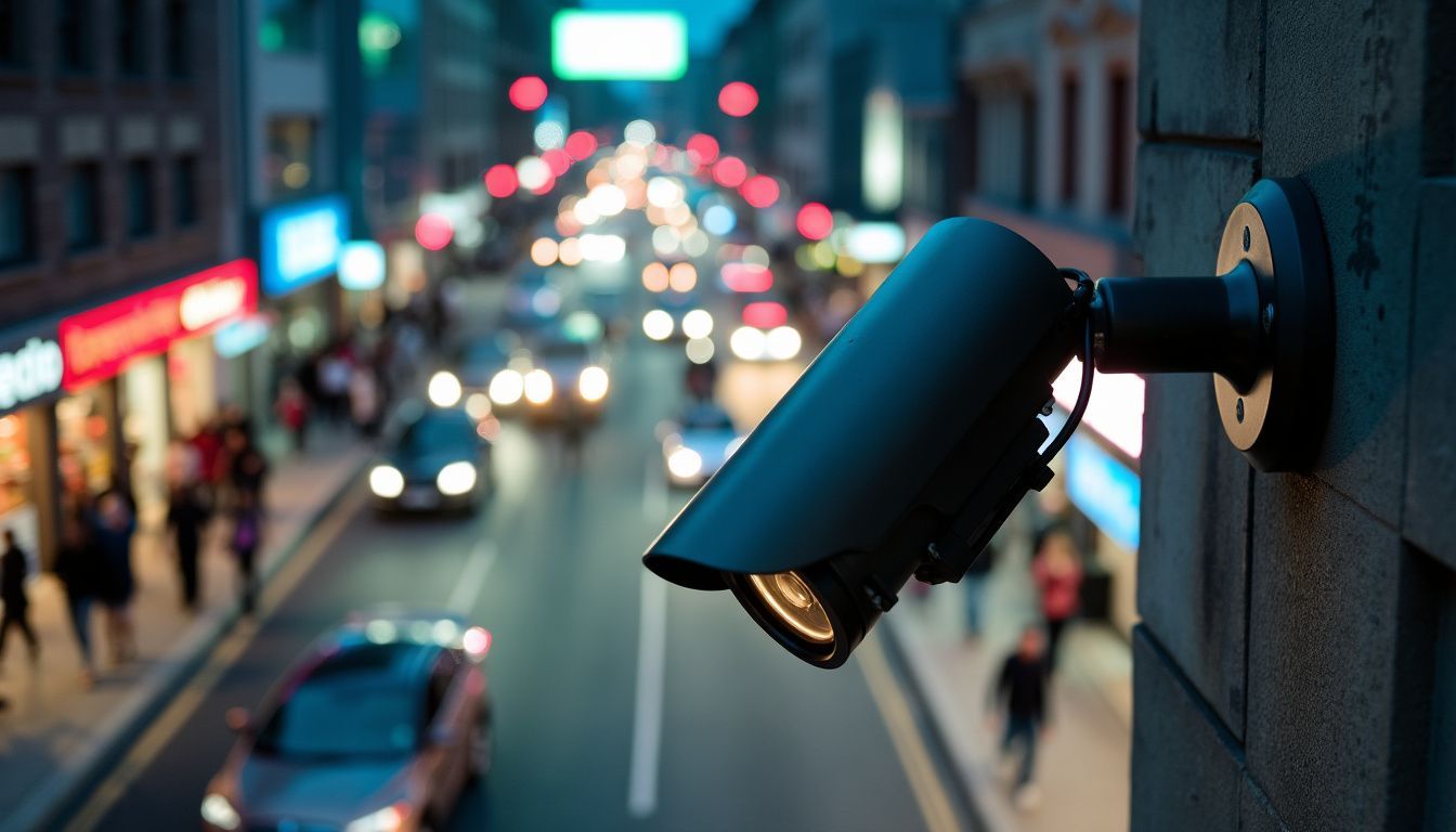 A security camera captures a busy city street at night.