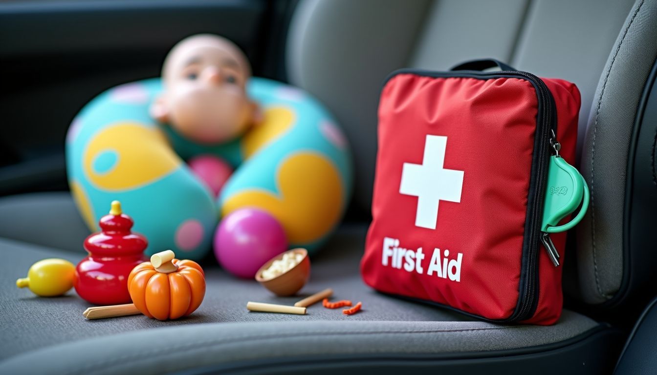 A compact first aid kit sits on a car seat surrounded by children's toys and snacks.