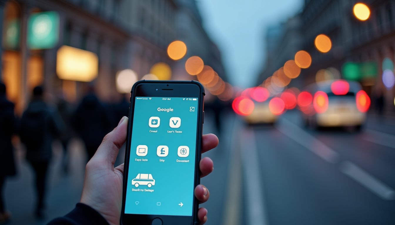 A smartphone displaying local transportation apps against a busy cityscape at dusk.