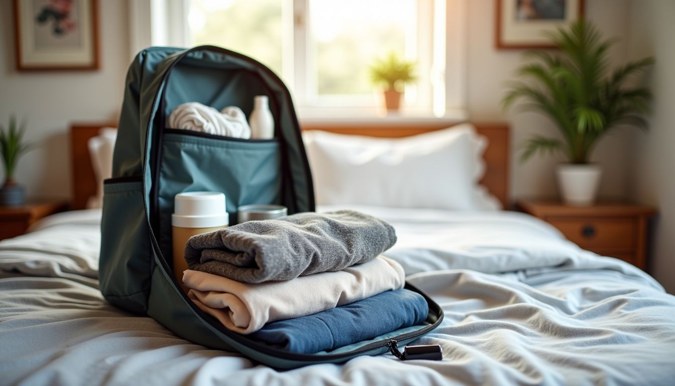 An organized backpack resting on a tidy bed in a cozy bedroom.