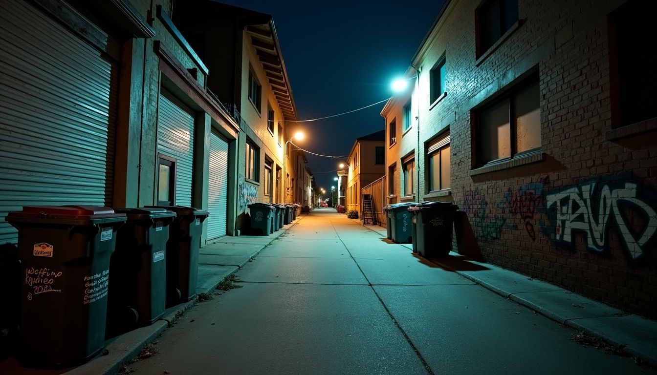 A deserted urban alleyway at night, with trash cans and graffiti.