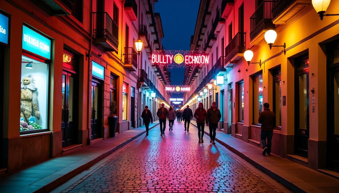 A lively, colourful street in Barcelona at night, perfect for evening activities.