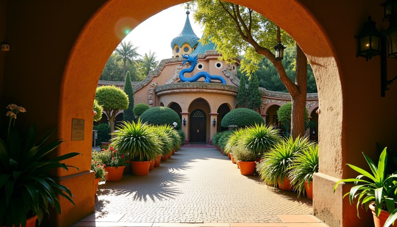 The empty entrance of Park Güell with mosaic dragon and greenery.