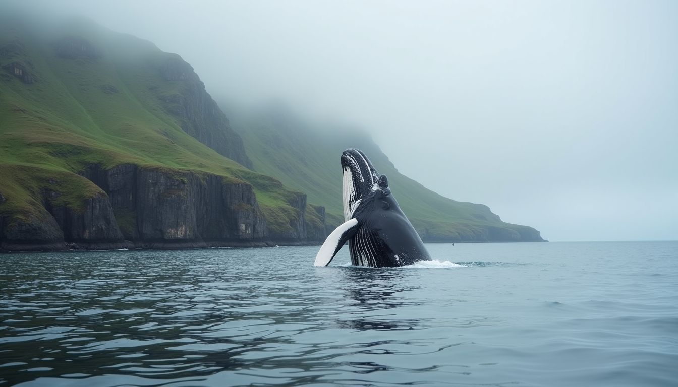 A humpback whale breaches the calm waters of Húsavík on a misty morning.