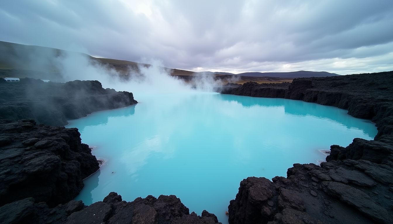 An aerial view of the Blue Lagoon and Sky Lagoon in Iceland, featuring vibrant turquoise geothermal waters and black volcanic rocks.