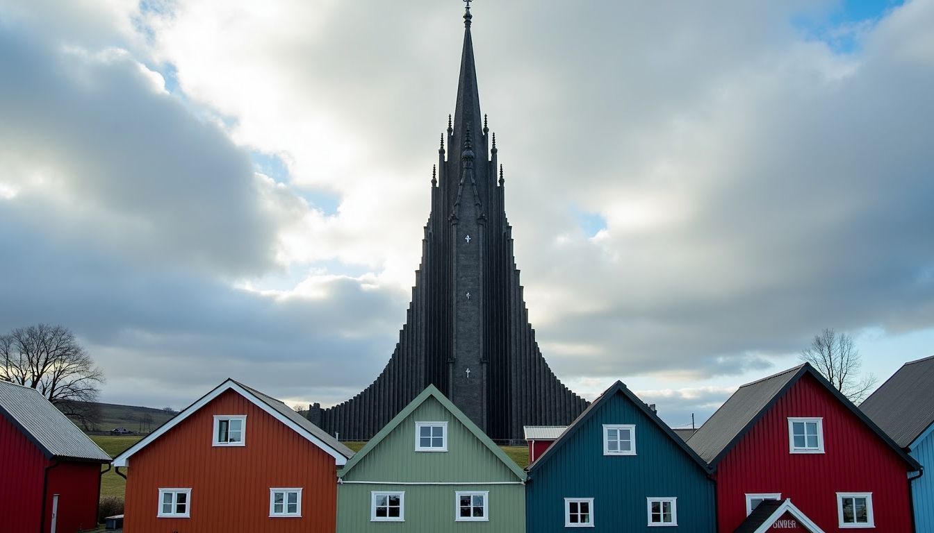 The silhouette of Hallgrímskirkja against colourful buildings in Reykjavik.