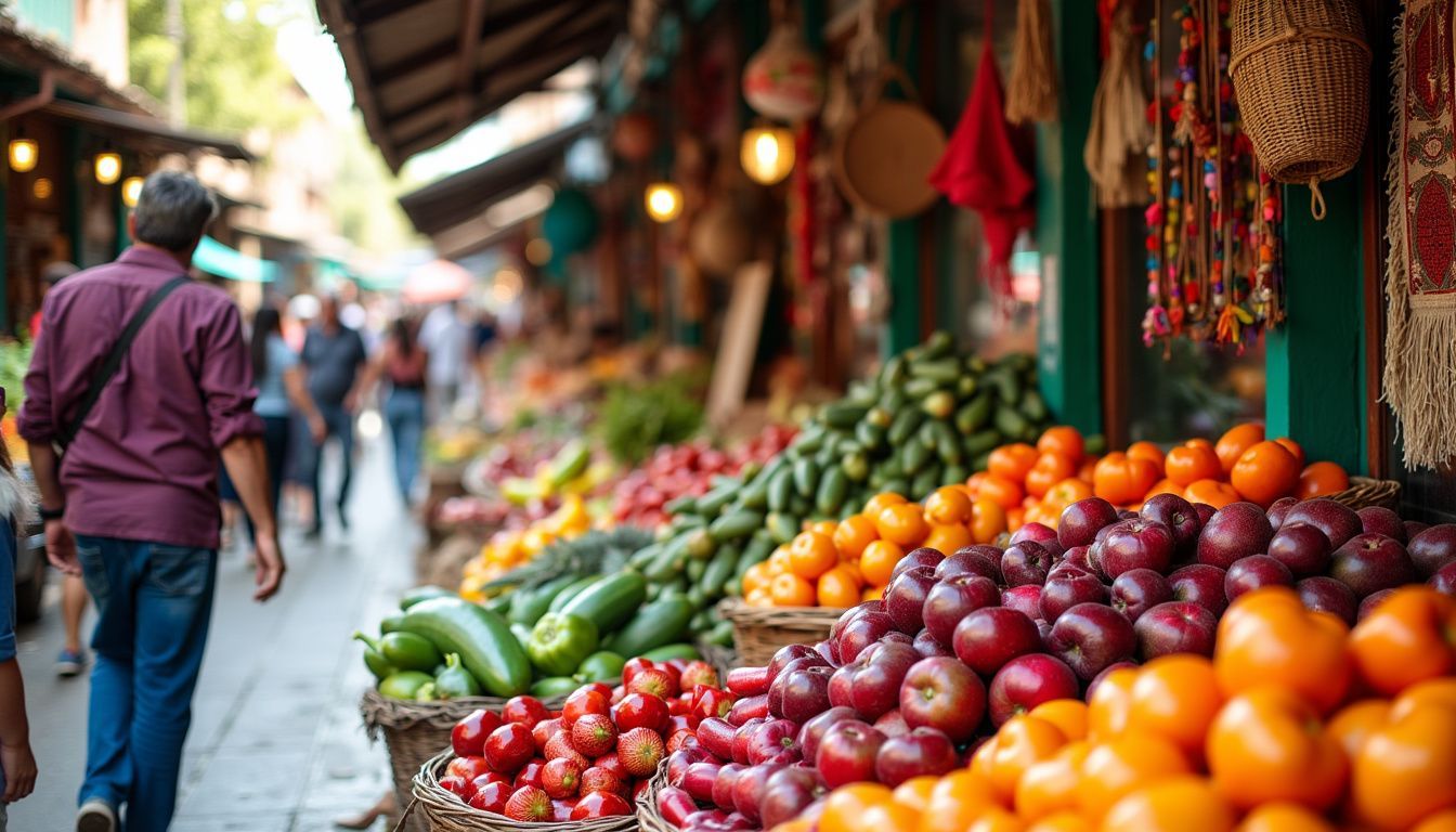 A lively La Merced Market with colorful stalls selling fresh produce and handmade goods.