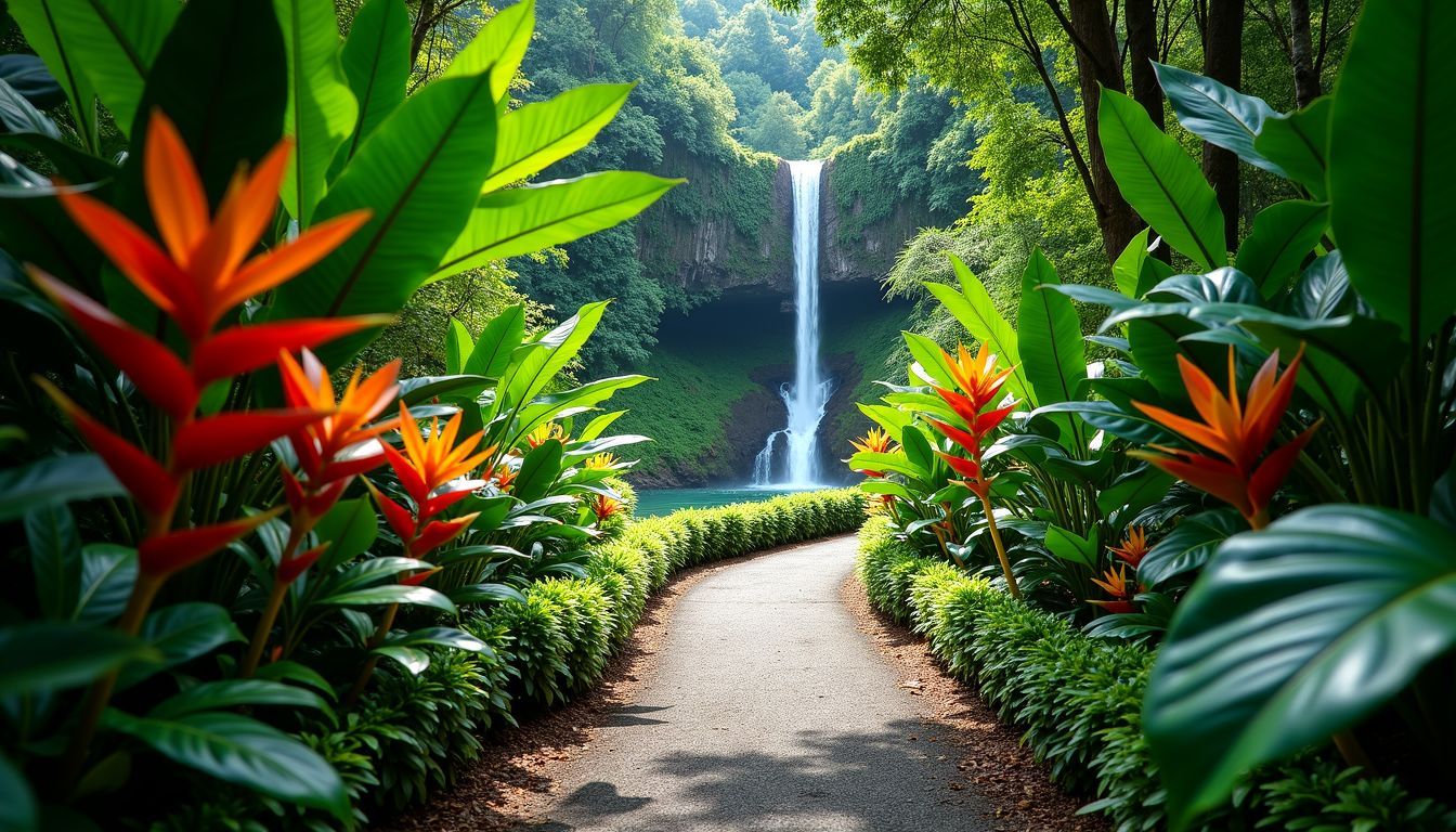 The image shows a winding jungle path with a hidden waterfall.