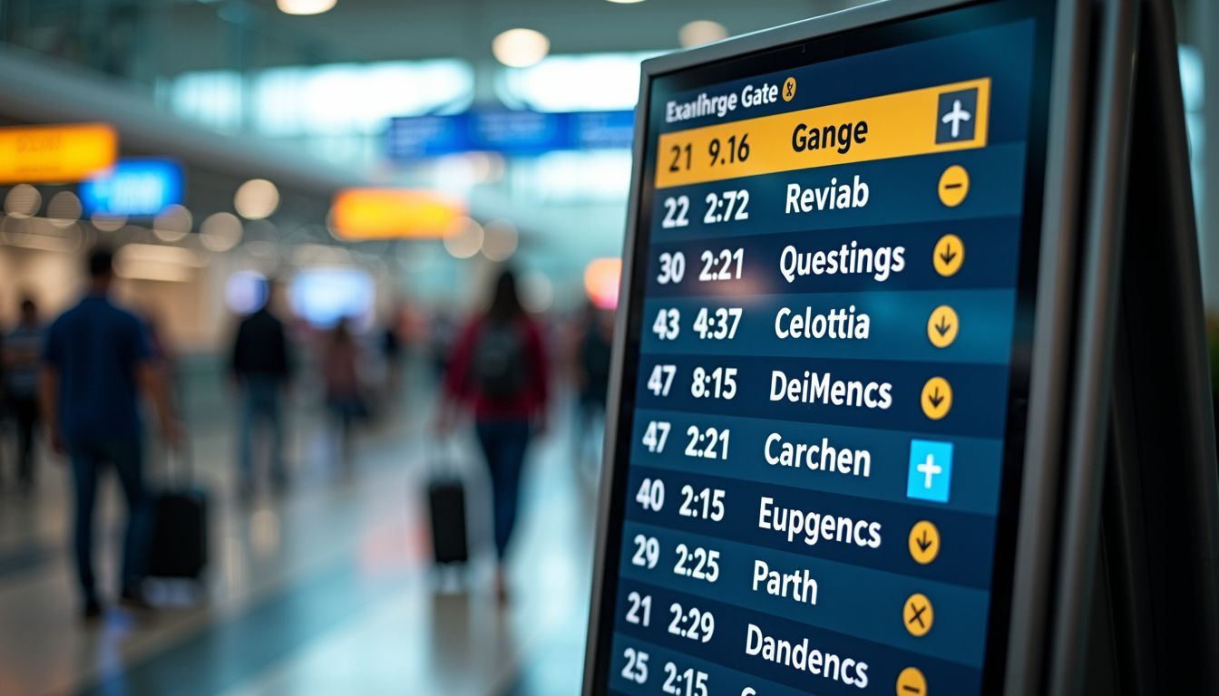 The image shows a directional sign at a busy airport.