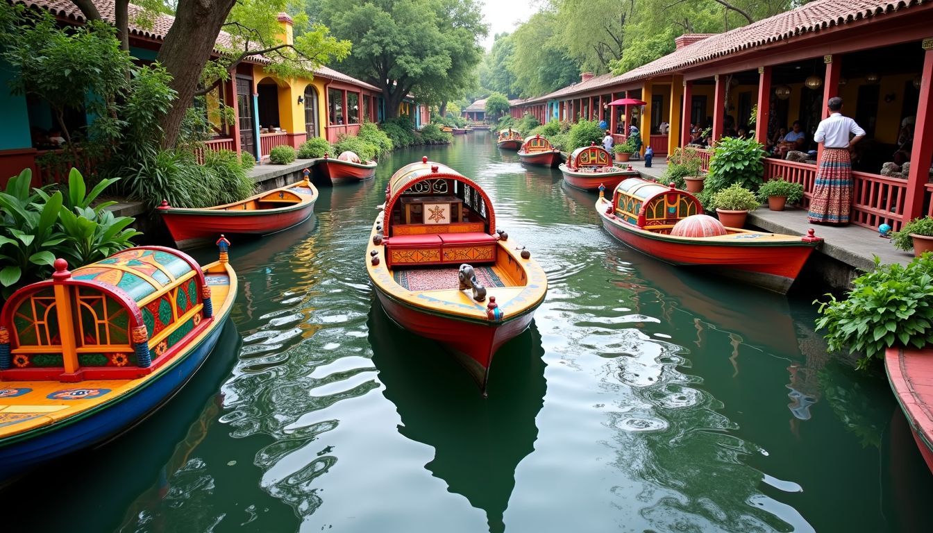 A colourful trajinera floats in the vibrant canals of Xochimilco.