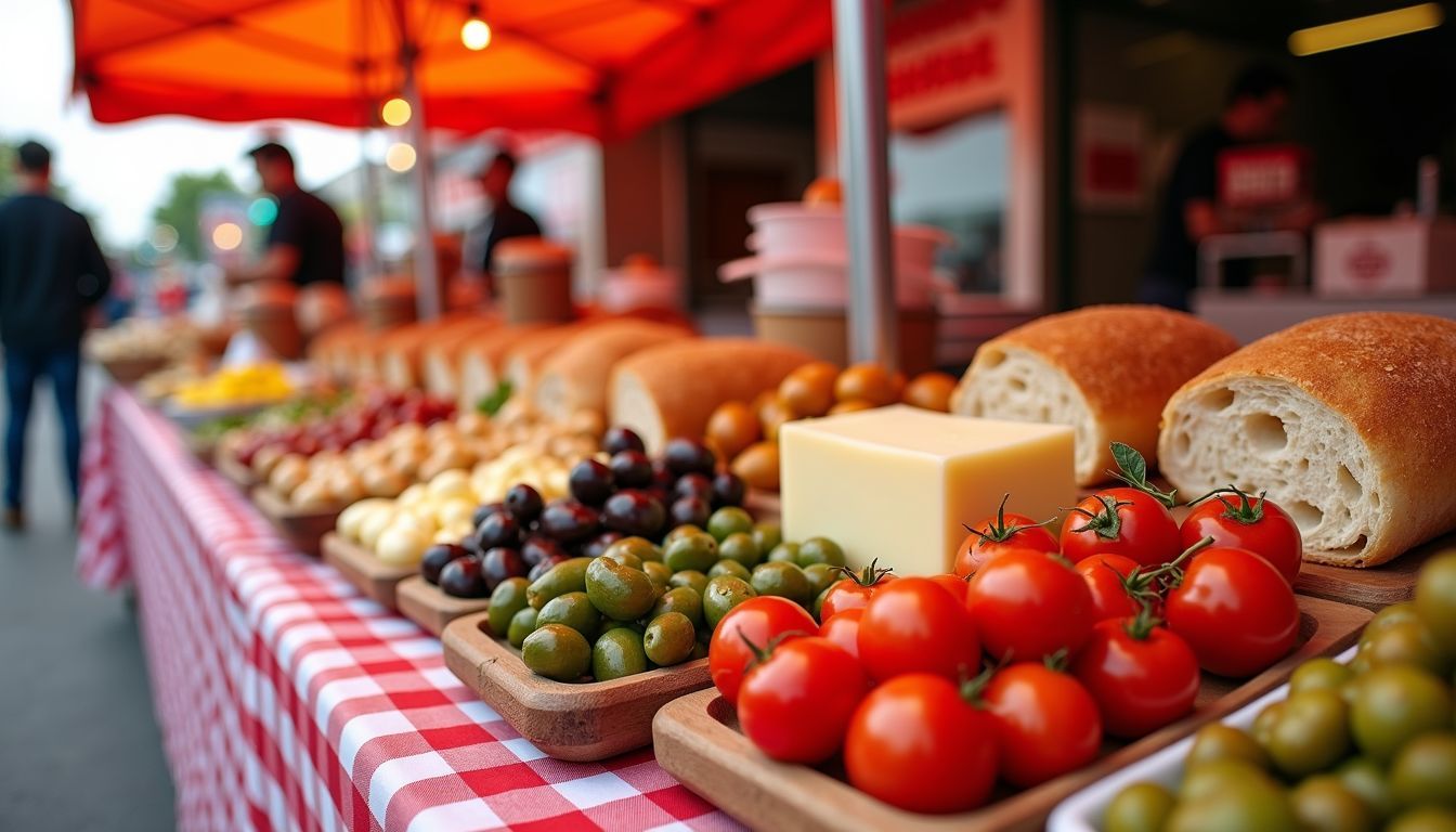 A vibrant food stall at Istanbul GastroFest displaying Turkish breakfast items.