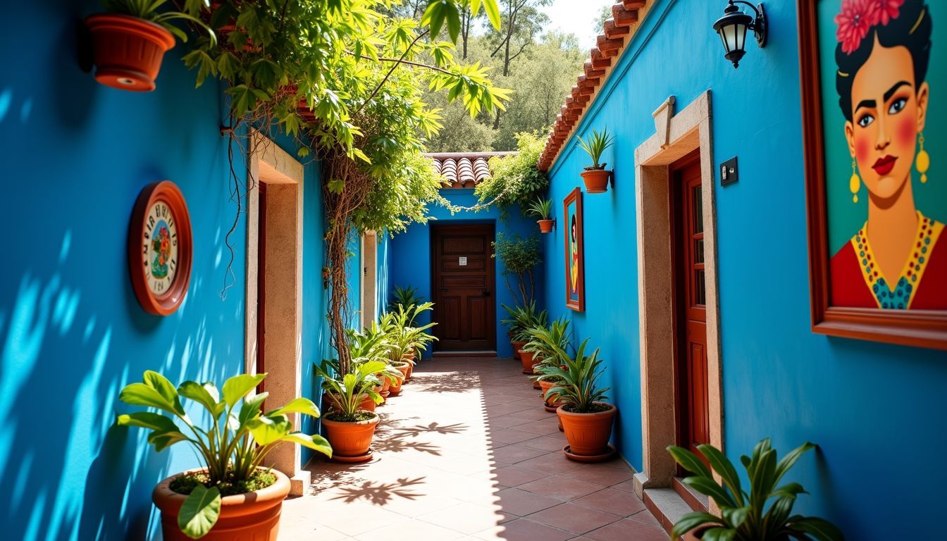 The vibrant blue walls of the Frida Kahlo Museum are adorned with traditional Mexican artwork and Frida Kahlo-inspired decor.