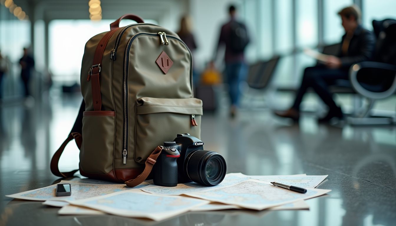 A worn backpack with travel documents and a map on airport floor.