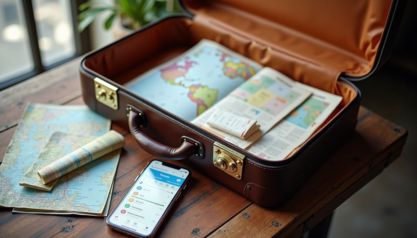 An open suitcase with travel documents, map, and smartphone on table.