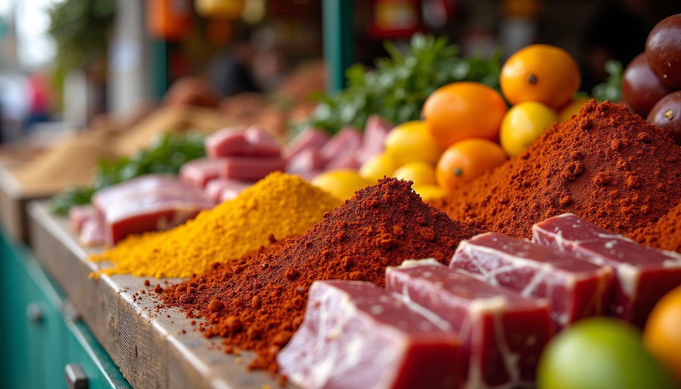 A bustling marketplace display featuring an array of gourmet foods and ingredients.