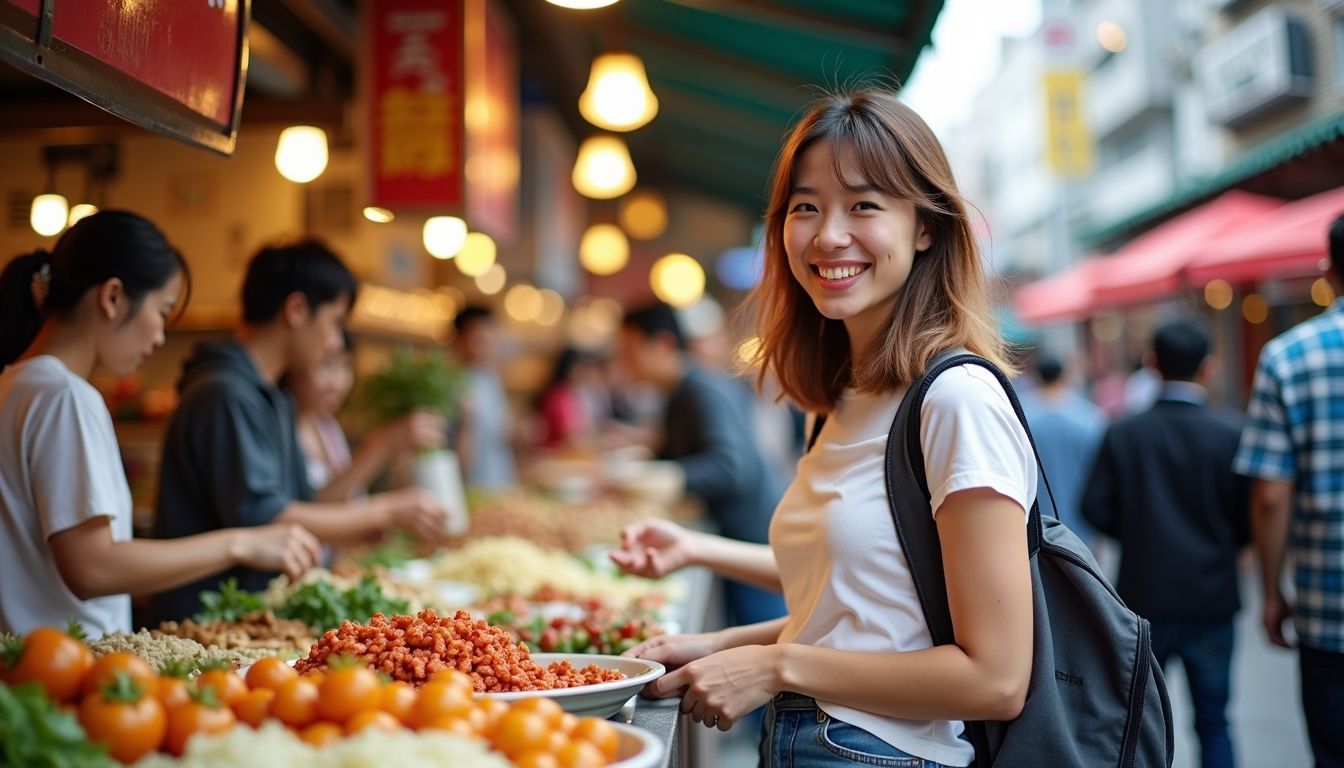 A person participates in a lively food tour at a busy market.