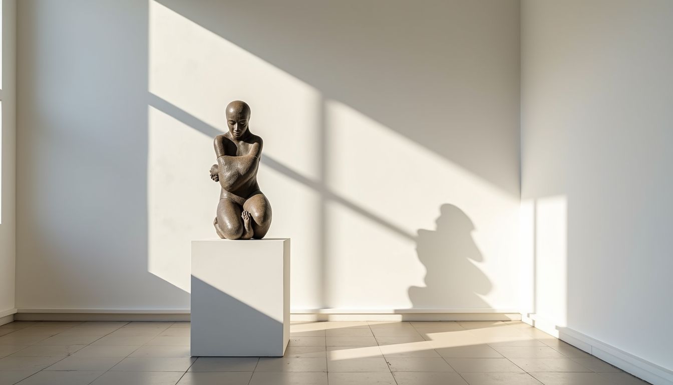 An abstract sculpture on a pedestal in a modern art museum.