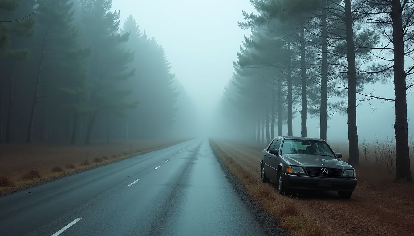 A broken-down car on a deserted countryside road in foggy weather.