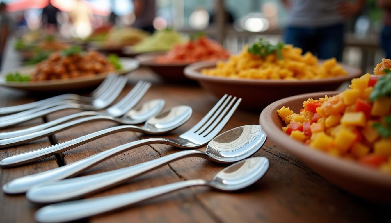 Colorful street food dishes and stainless steel cutlery on a wooden table.