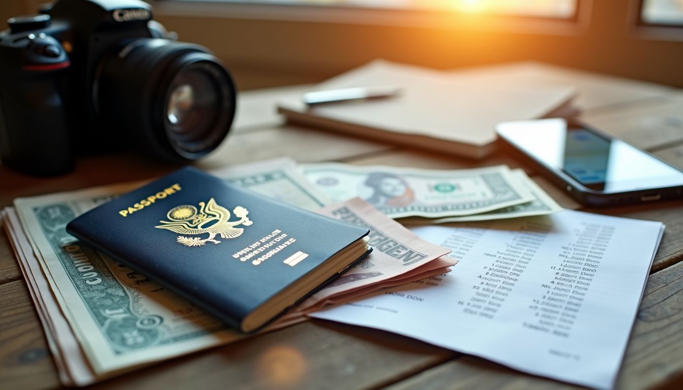 Travel essentials laid out on a table for preparedness and planning.