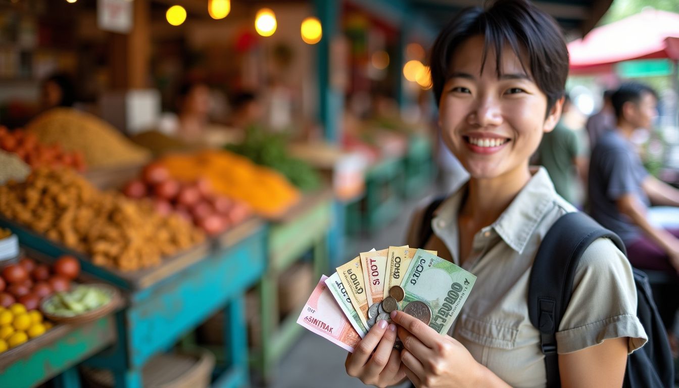 A person holding foreign currency in a lively food market.