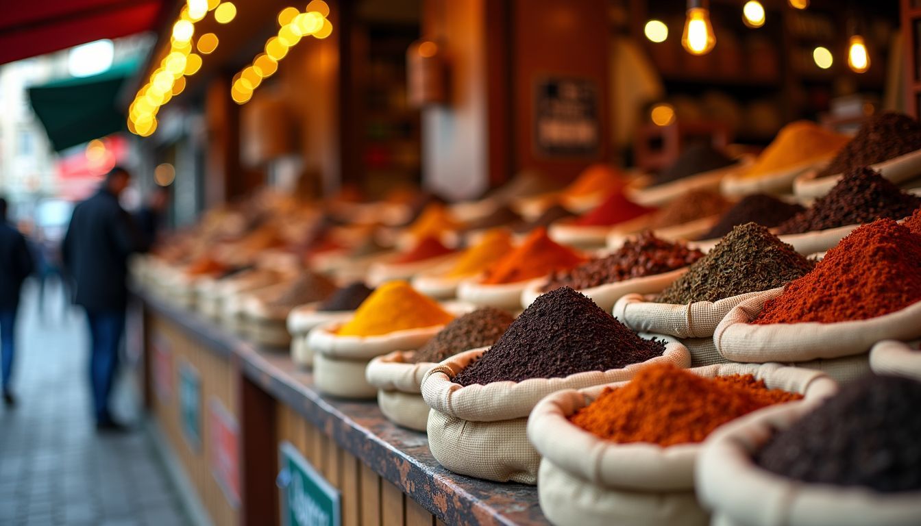 A rustic street market stall in Istanbul selling spices and coffee beans.