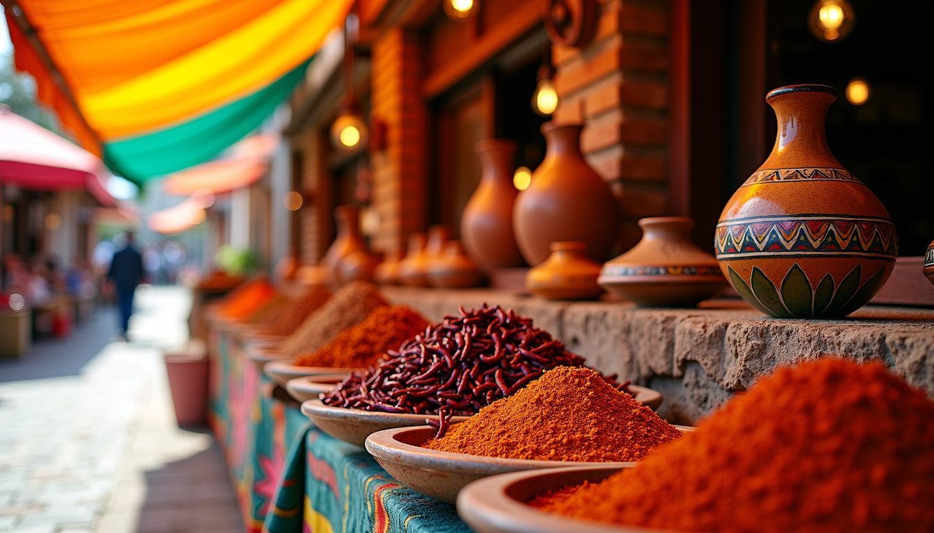 A vibrant display of spices and pottery at Tacuba Market.