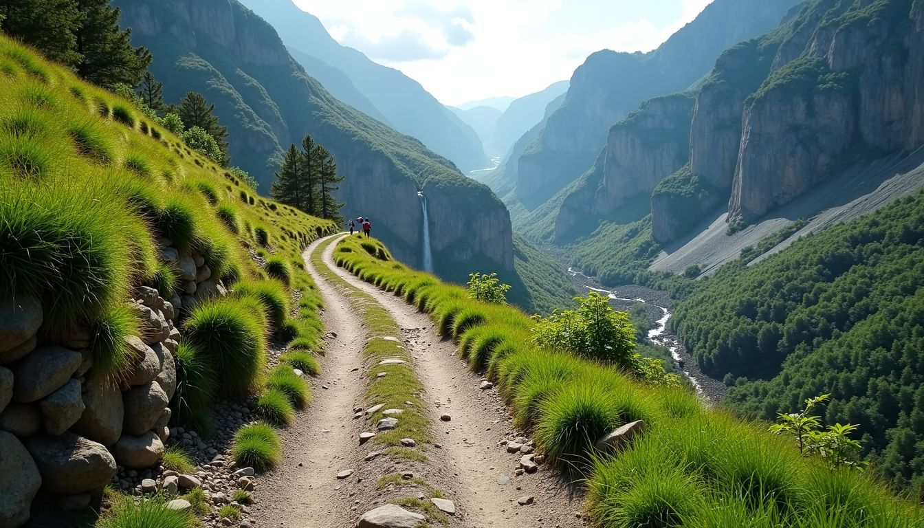 A winding trail cuts through lush green valleys surrounded by towering mountains.