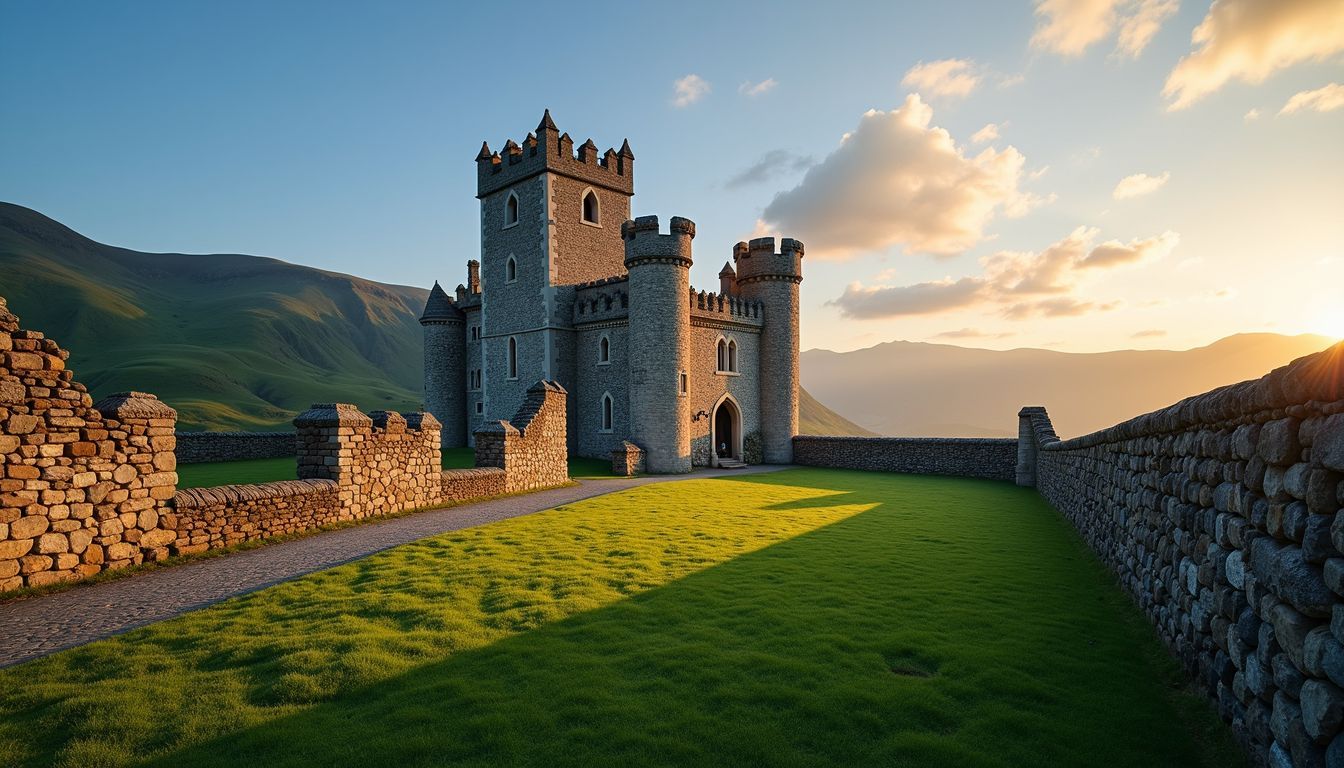 An ancient stone castle sits against green hills under a blue sky.