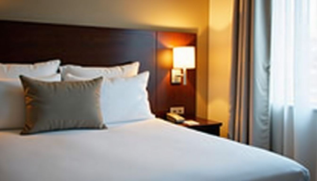 A hotel room with a comfortable bed and warm bedside lamp.