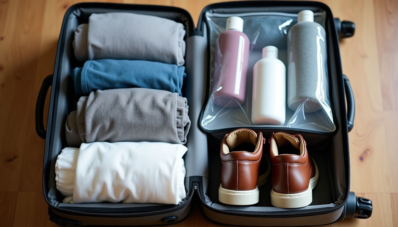 A neatly packed suitcase with organized clothing and travel-sized items.