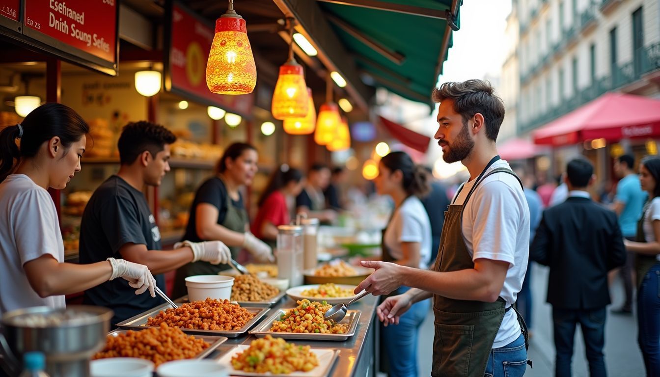 A vibrant street food market with lively atmosphere and diverse vendors.