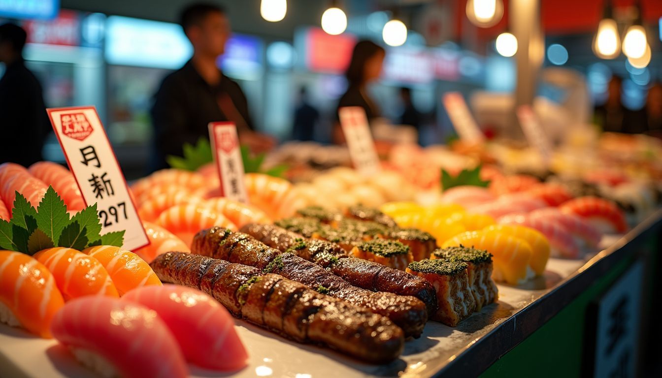 A vibrant photo of Tsukiji Outer Market showcasing diverse street food.