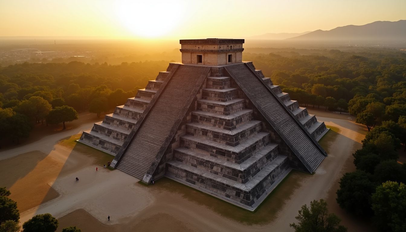 The aerial view of the Pyramid of the Sun in Teotihuacan at sunset.