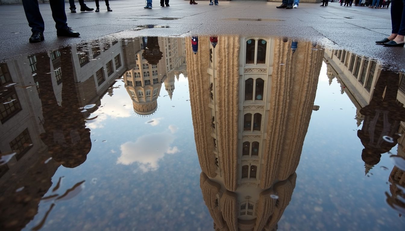 The image shows reflections of Sagrada Familia in rain puddles.